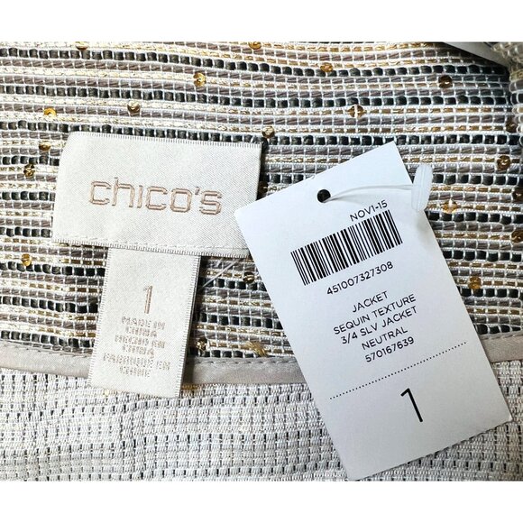 Chicos Womens Open Sequin Jacket Size 1 Textured Neutral Polyester Cotton Blend - Picture 3 of 5